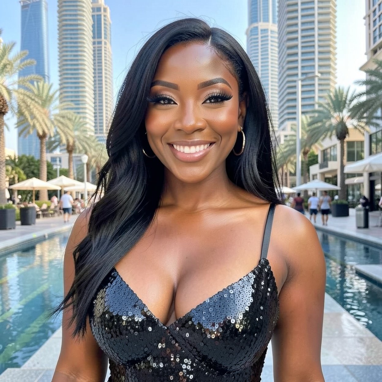 Close-up of a beautiful smiling black woman with long hair and a beautiful bust, wearing a short, black sequined dress with straps in Dubai.