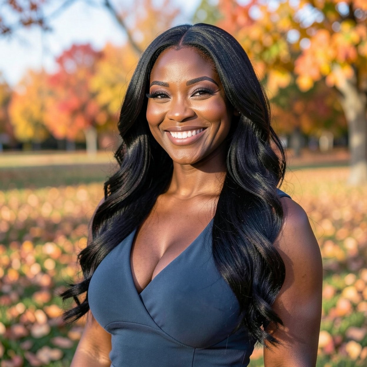 Close-up of a beautiful, smiling black woman with long hair and a lovely bust against an autumn landscape