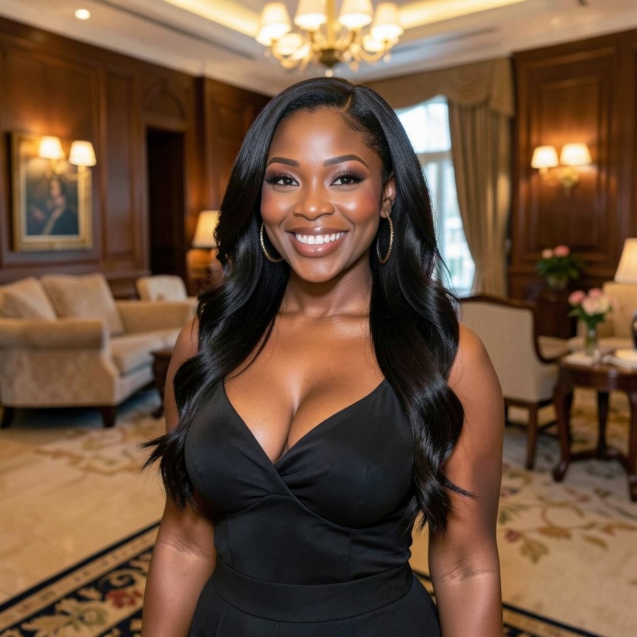 Close-up of a beautiful, smiling black woman with long hair and a lovely bust in a 5-star luxury hotel.