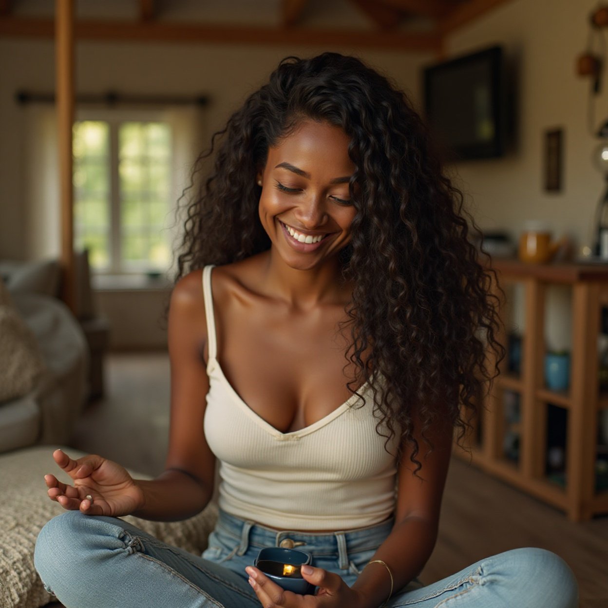 Close-up of a beautiful, smiling black woman with long hair and a lovely bust, meditating over tea and using her smartphone during a log cabin getaway