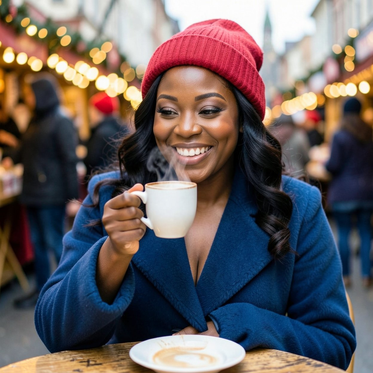 Close-up of a beautiful, smiling black woman with lovely hair and a beautiful bust, wearing a blue coat and a red bonnet, drinking hot chocolate at a table in a Christmas market.