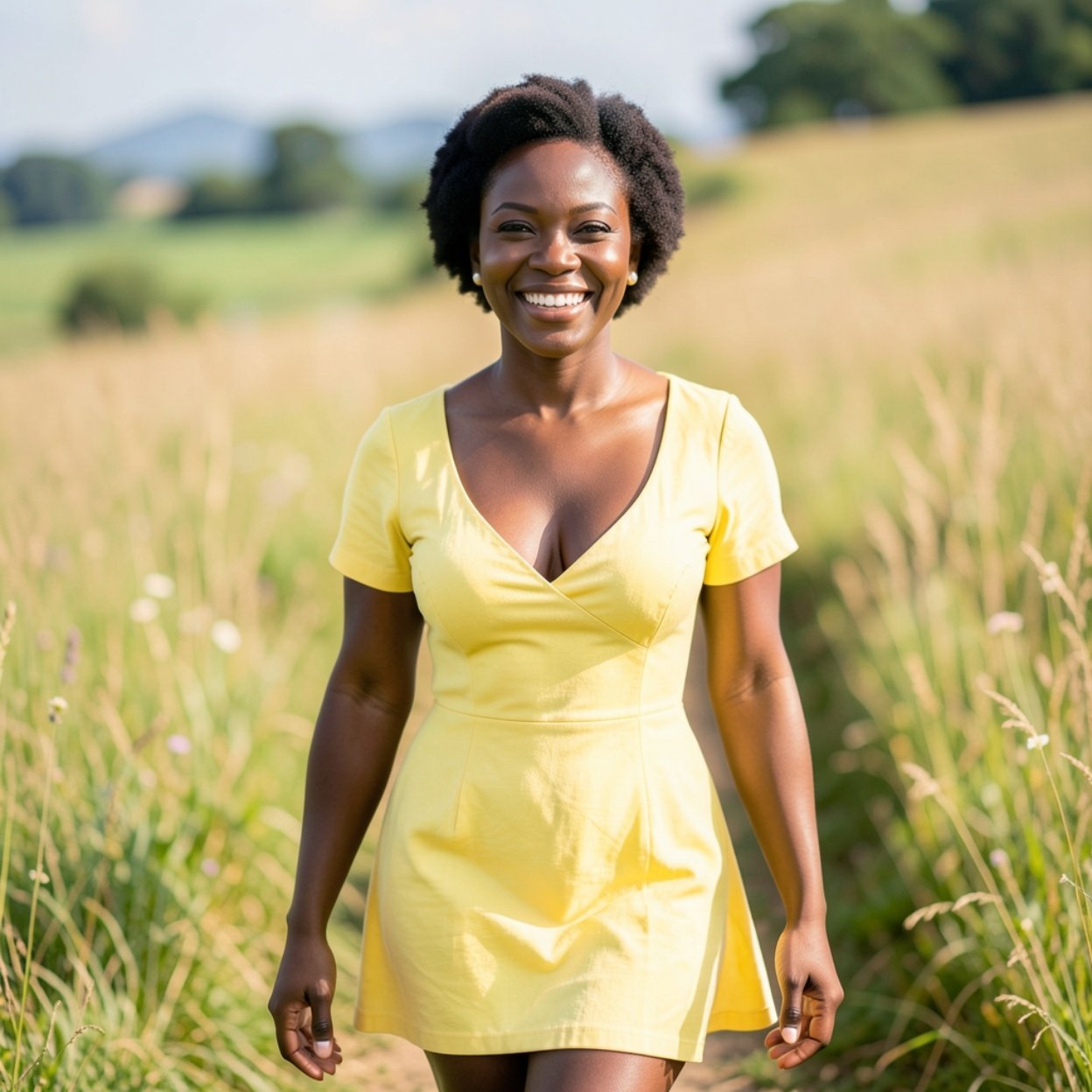 Close-up of a beautiful, smiling black woman with short hair, a lovely bust, dressed in a short yellow dress, walking in a countryside field.