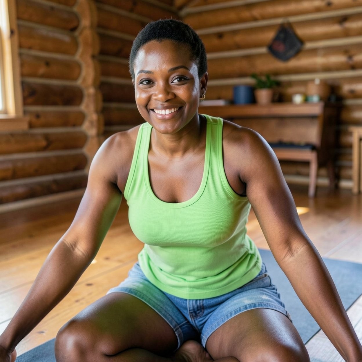 Close-up of a beautiful, smiling black woman with short hair and a lovely bust, dressed in a bright green tank top and denim shorts, practicing yoga on a wooden floor inside a log cabin.