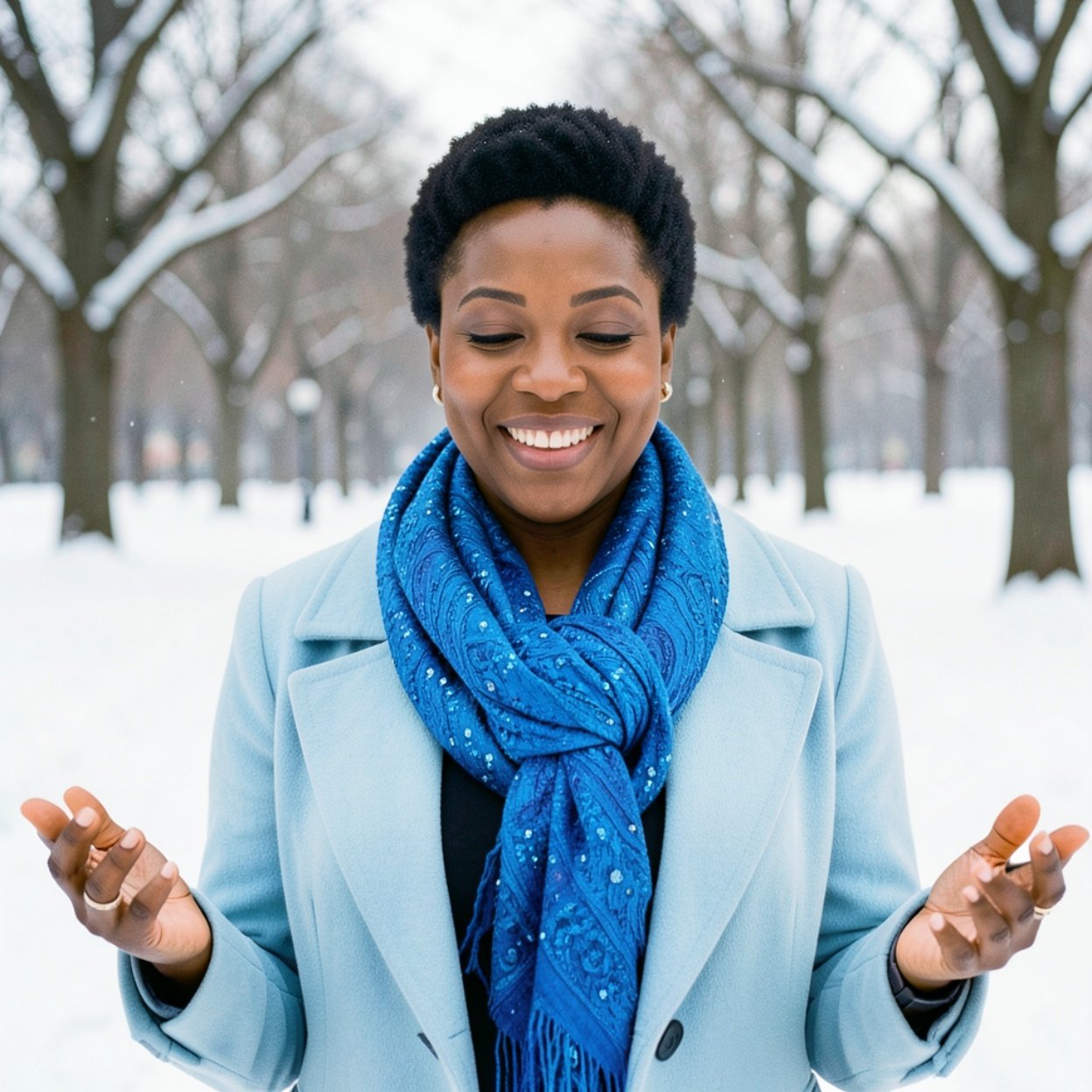 Close-up of a beautiful, smiling black woman with very short hair, a lovely bust, a flashy blue scarf, and a warm light blue coat, taking a walk and meditating in a snowy park.