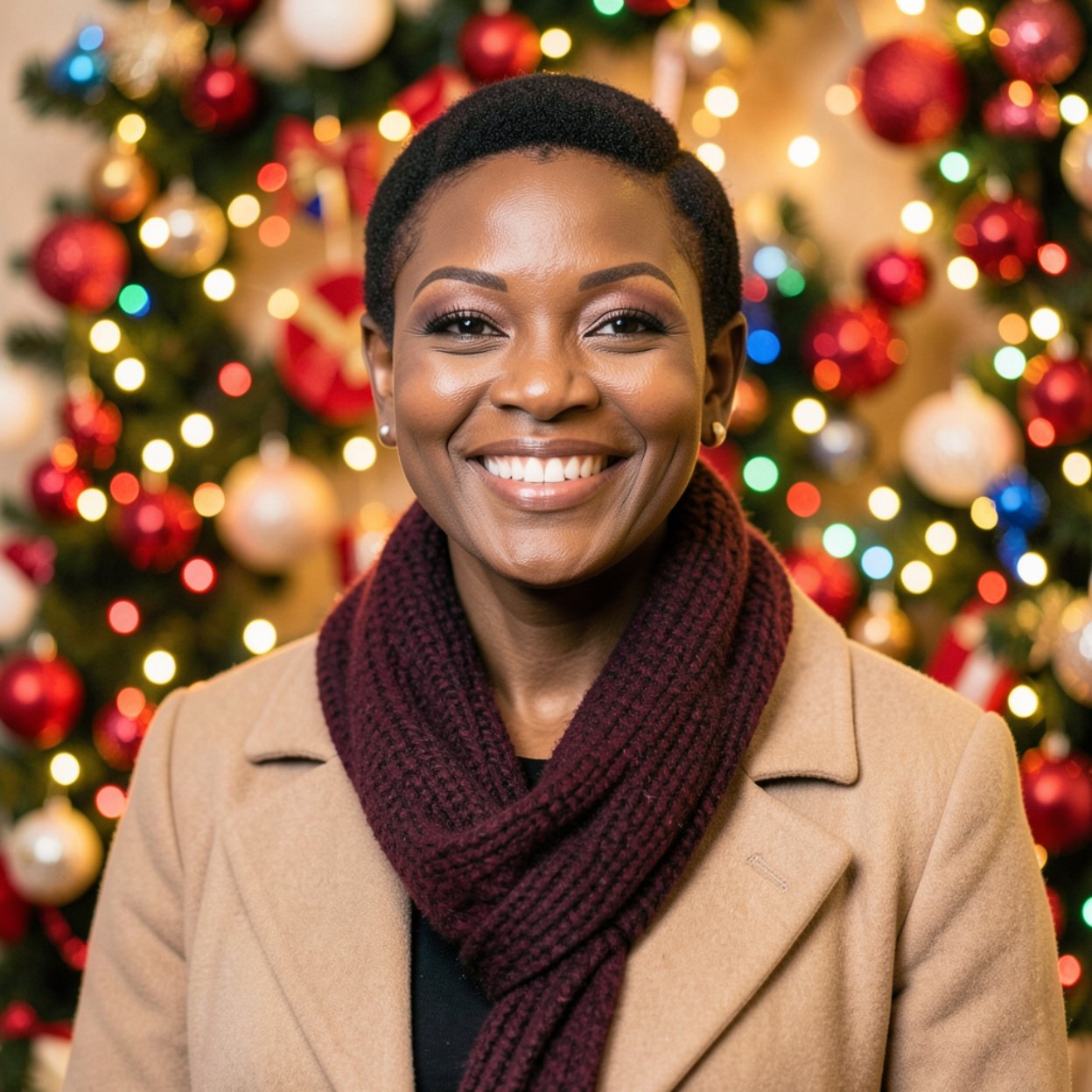 Close-up of a beautiful smiling black woman with very short hair, a lovely bust, wearing a coat and scarf. Vibrant Christmas festival setting.