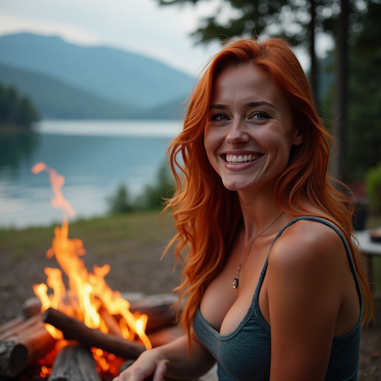 Close-up of a beautiful smiling woman, long red hair, beautiful breasts, enjoying a campfire in her rental house, with a breathtaking view of the lake and mountains.