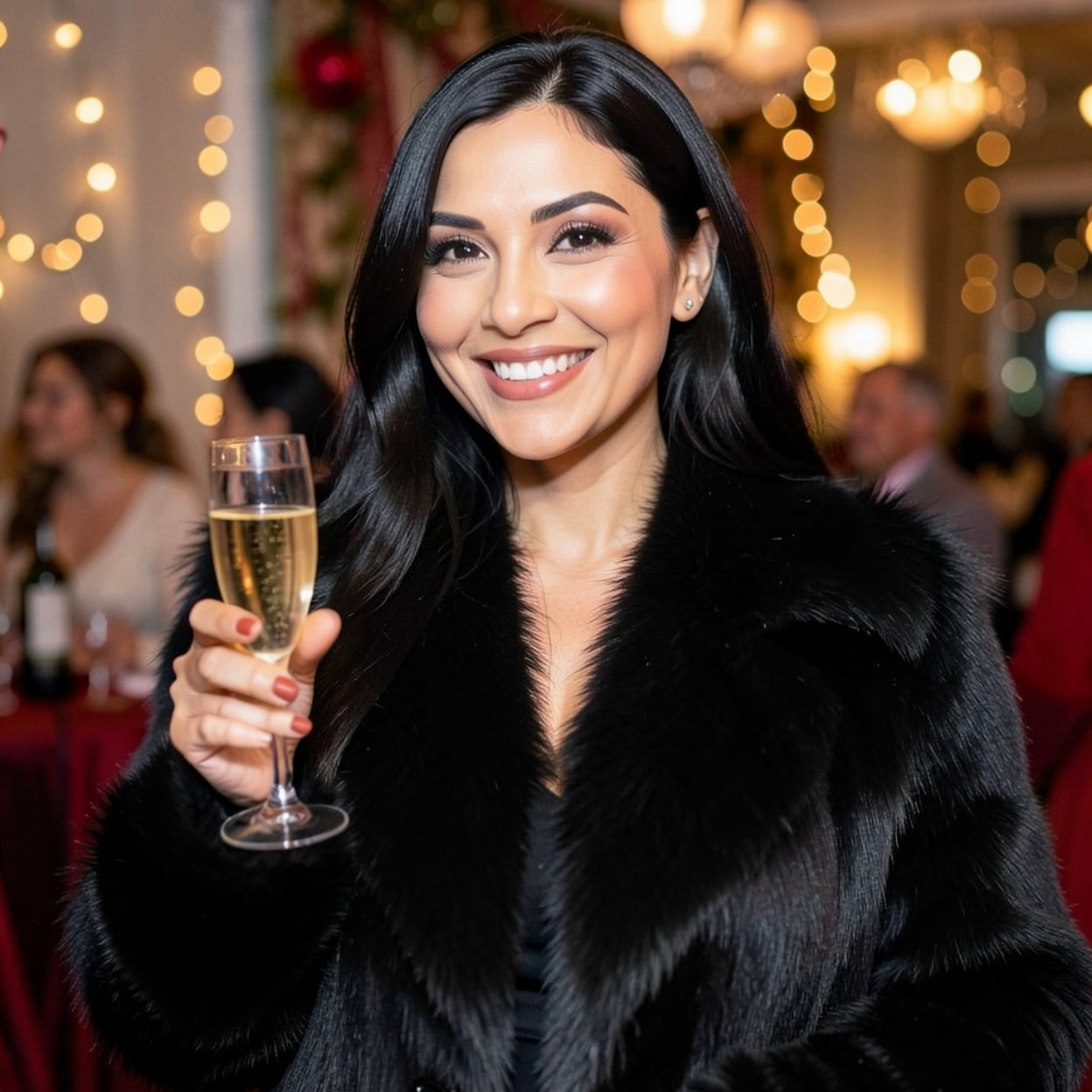 Close-up of a beautiful, smiling woman with long black hair and a lovely figure, wearing a black fur-trimmed coat and holding a champagne flute. Celebrating in a festive setting.