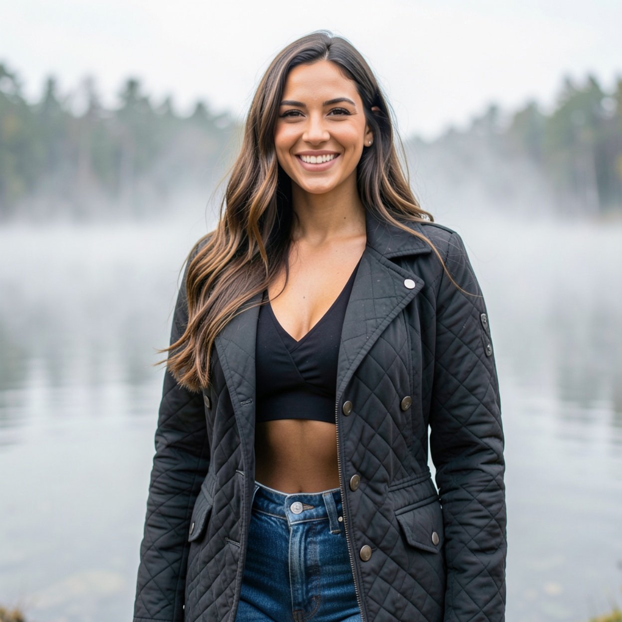 Close-up of a beautiful smiling woman with long hair, a beautiful dark chest, wearing a quilted coat and jeans, with the mist rising from a lake.