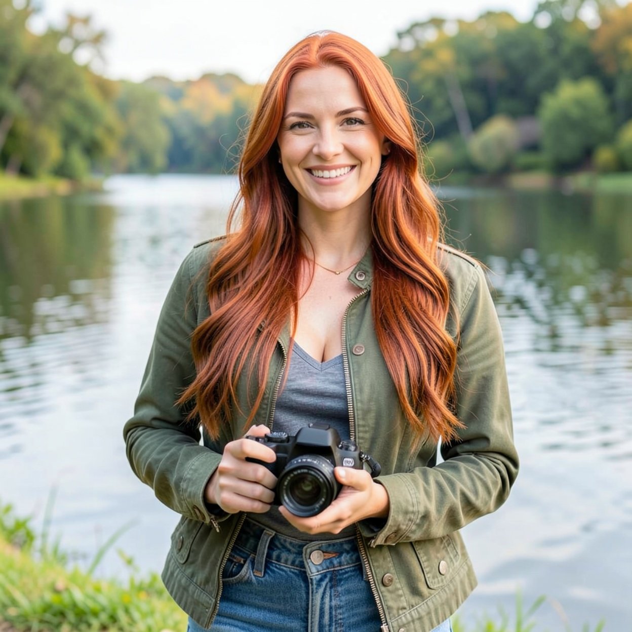 Close-up of a beautiful smiling woman with long hair, a lovely redhead's chest, wearing a green jacket and jeans, holding a camera by a lake.