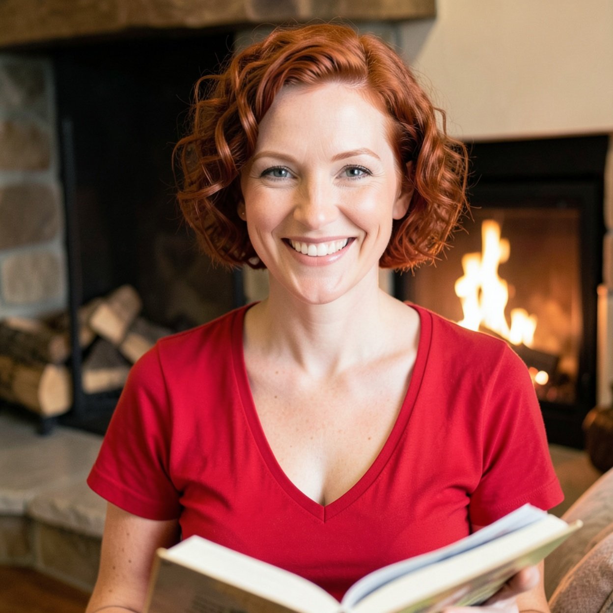 Close-up of a beautiful smiling woman with short, curly red hair, a lovely bust, wearing a red t-shirt with a low neckline, reading a book in front of her fireplace, a wood fire in her living room.