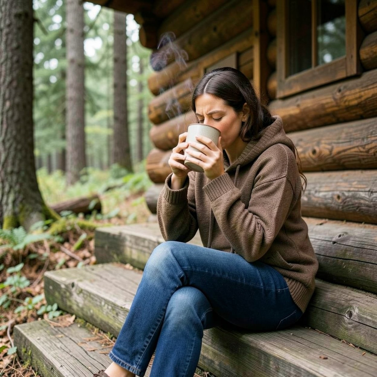 Digital detox with hot drink and log cabin in woods. Calm brunette woman covering face with drink cup sit on log cabin steps outdoors
