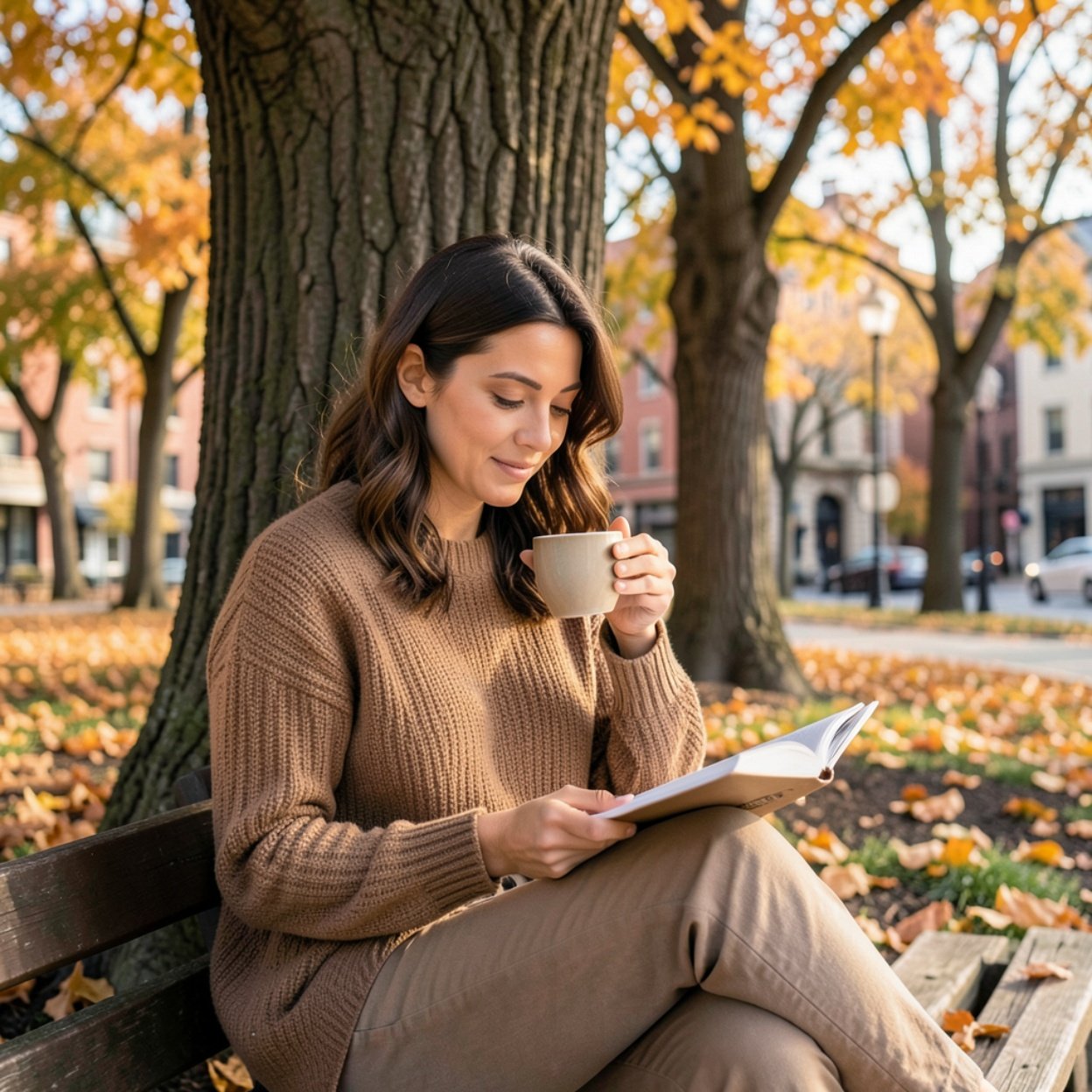 Digital detox. Adult woman in warm casual wear sits under a tree and reading a book drinking coffee in the autumn urban park outdoor, selected focus.