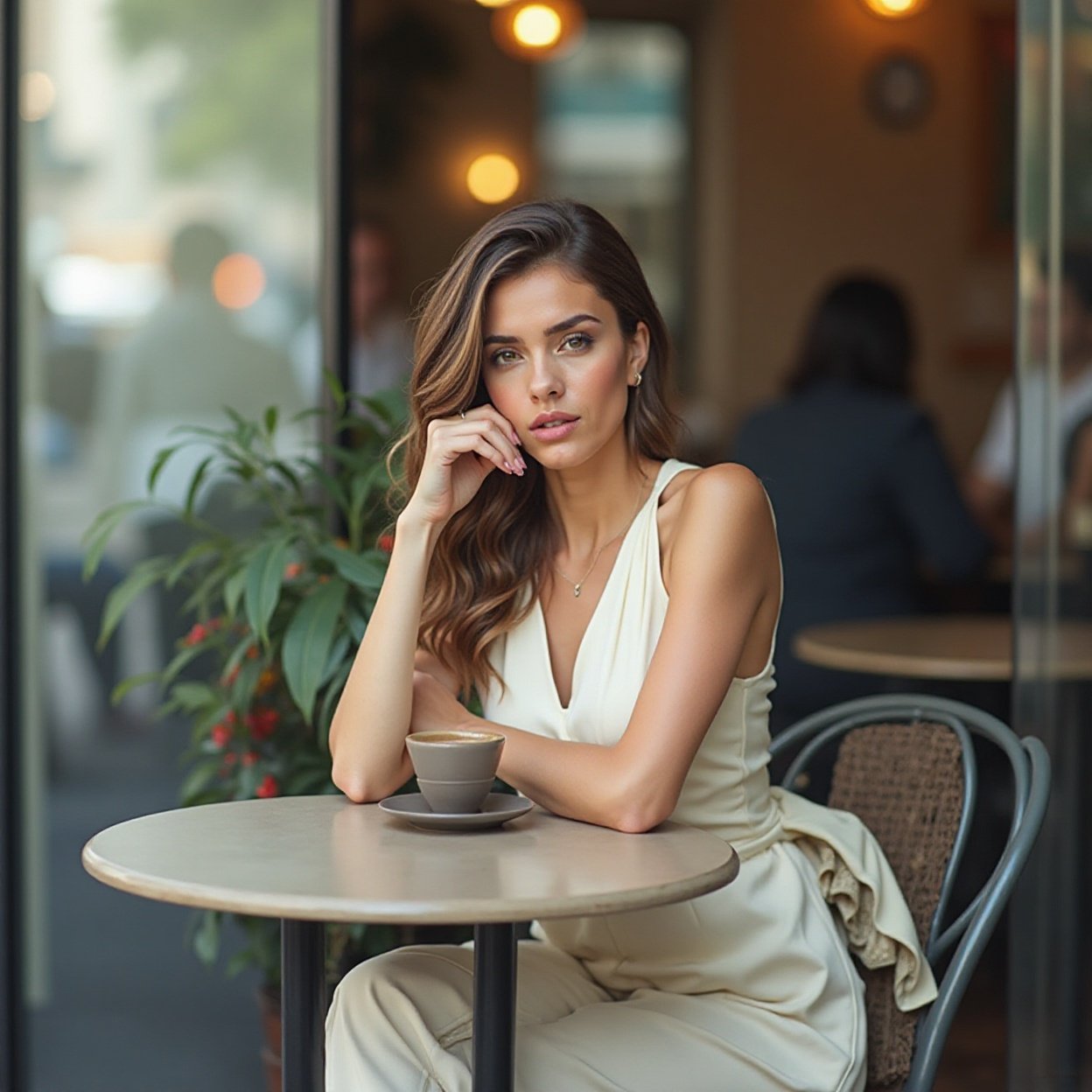 Elegant young woman sitting at café table in urban setting with relaxed pose Elegant young woman sitting at café table in urban setting with relaxed pose