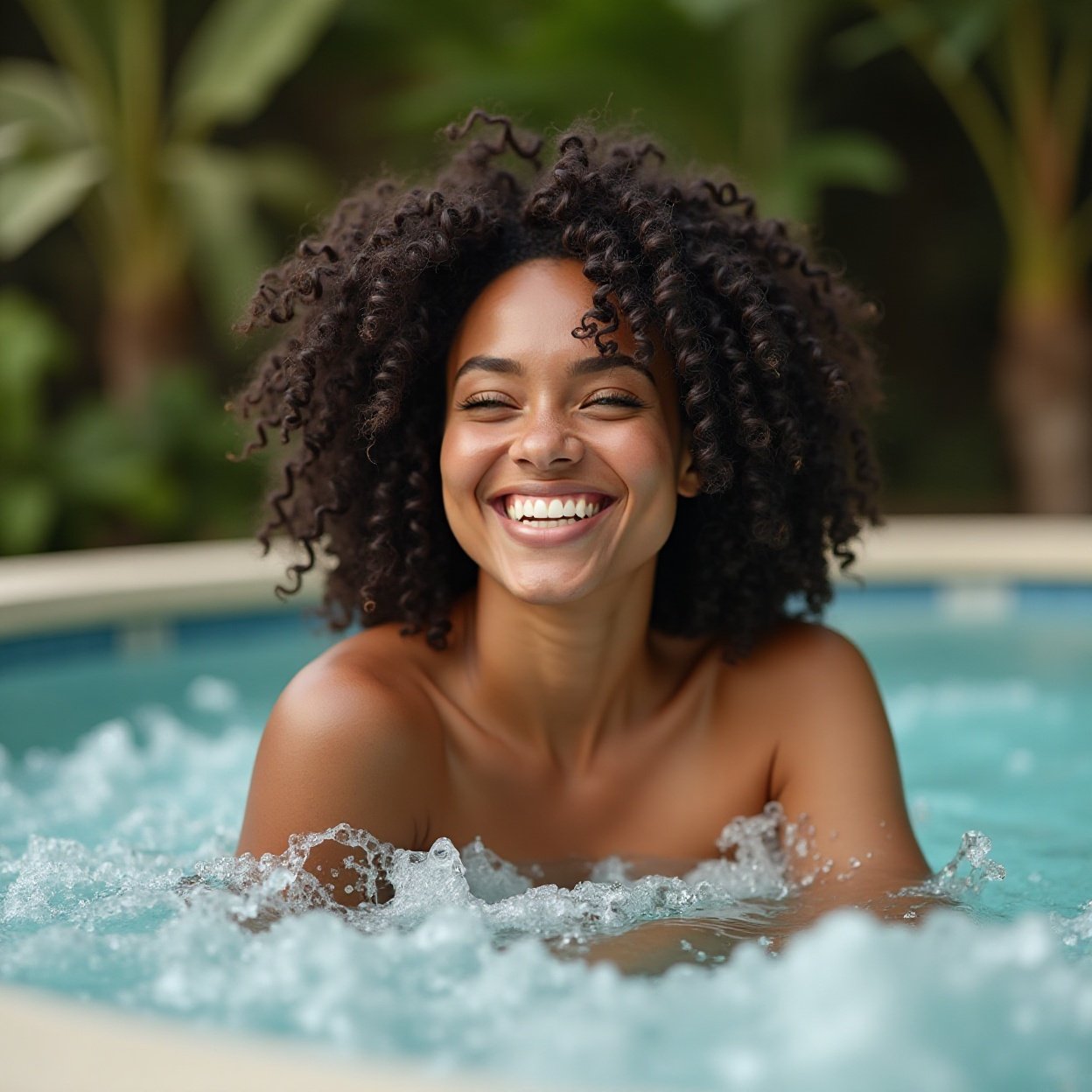 Smiling Black woman with curly hair and a beautiful bust, relaxing in her outdoor spa Smiling Black woman with curly hair and a beautiful bust, relaxing in her outdoor spa