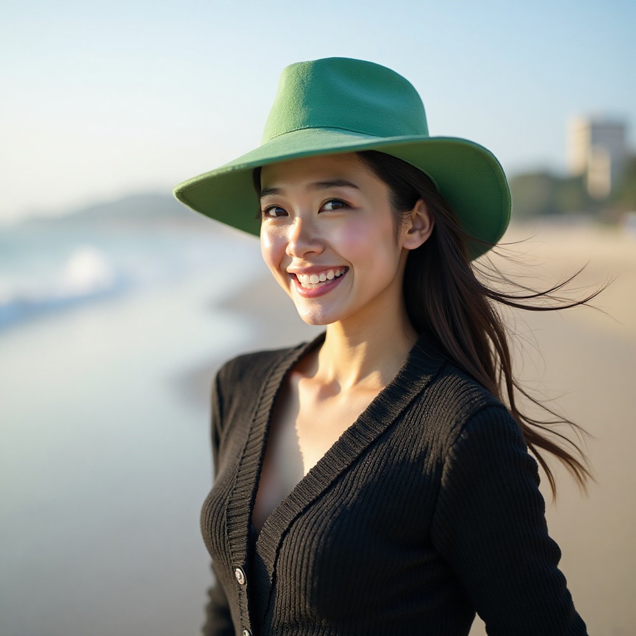 Smiling Chinese woman, green hat, long hair, beautiful breasts, black sweater, walking along the beach Smiling Chinese woman, green hat, long hair, beautiful breasts, black sweater, walking along the beach