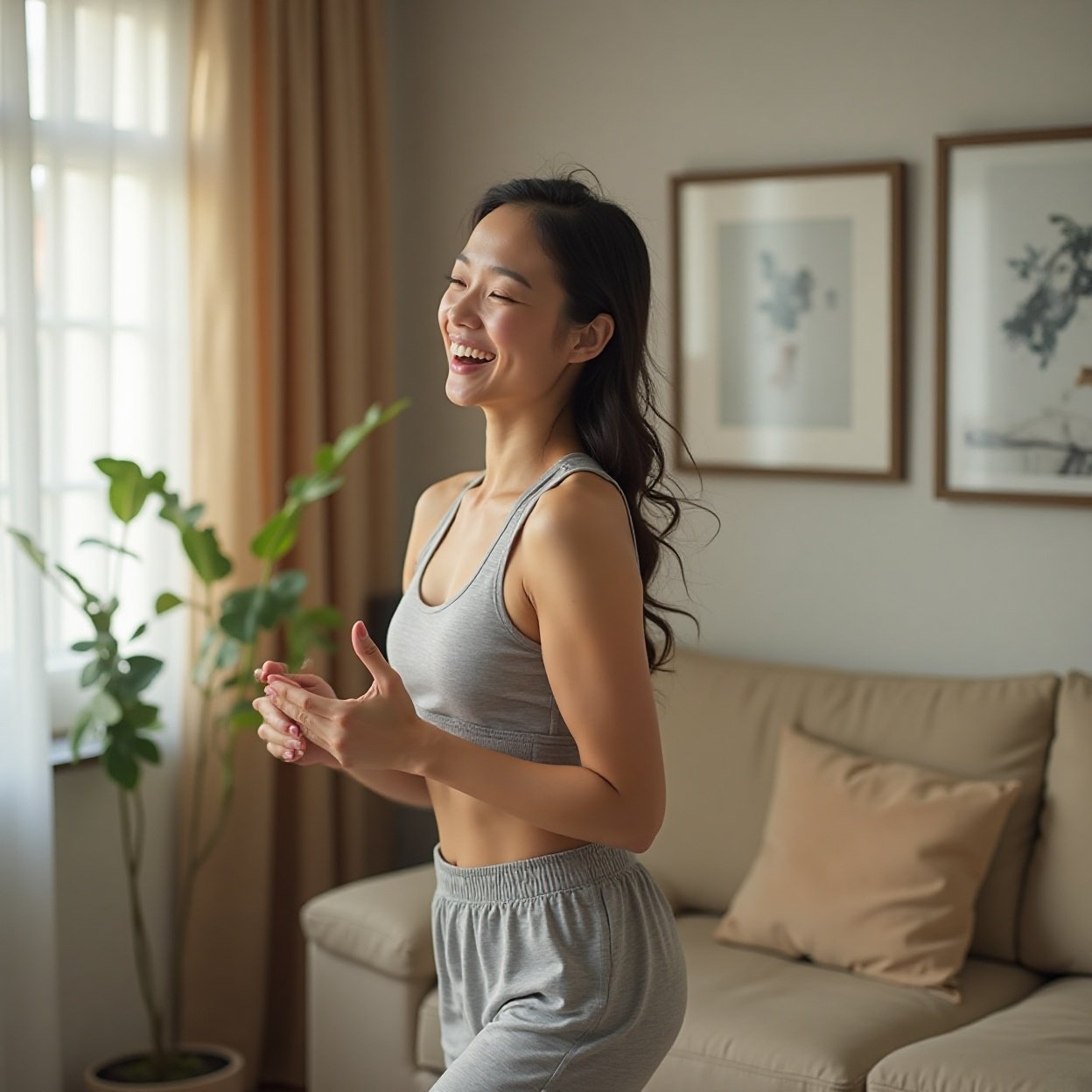 Smiling Chinese woman, long hair, jogging, doing yoga, practicing self-care during a quiet morning routine at home Smiling Chinese woman, long hair, jogging, doing yoga, practicing self-care during a quiet morning routine at home