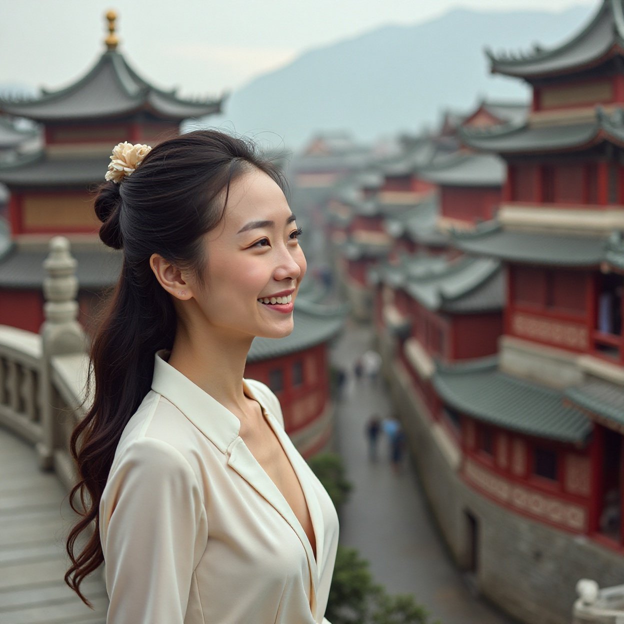 Smiling Chinese woman, with a beautiful chest, elegant, contemplating the historical urban architecture, highlighting classic city scenes. Smiling Chinese woman, with a beautiful chest, elegant, contemplating the historical urban architecture, highlightingSmiling Chinese woman, with a beautiful chest, elegant, contemplating the historical urban architecture, highlighting classic city scenes. classic city scenes.