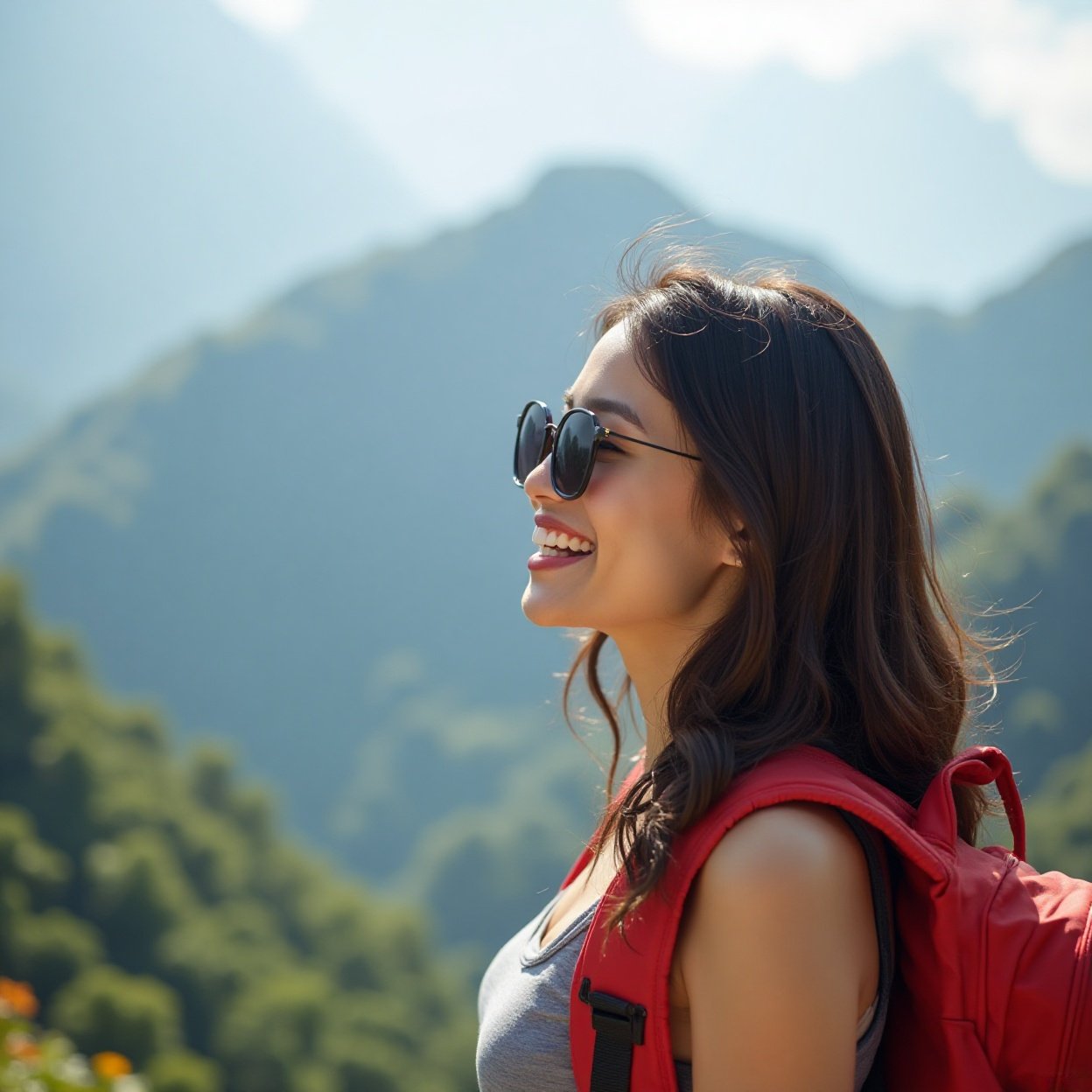 Smiling Chinese woman with long hair, beautiful breasts, sunglasses, red backpack, looking at the mountain Smiling Chinese woman with long hair, beautiful breasts, sunglasses, red backpack, looking at the mountain