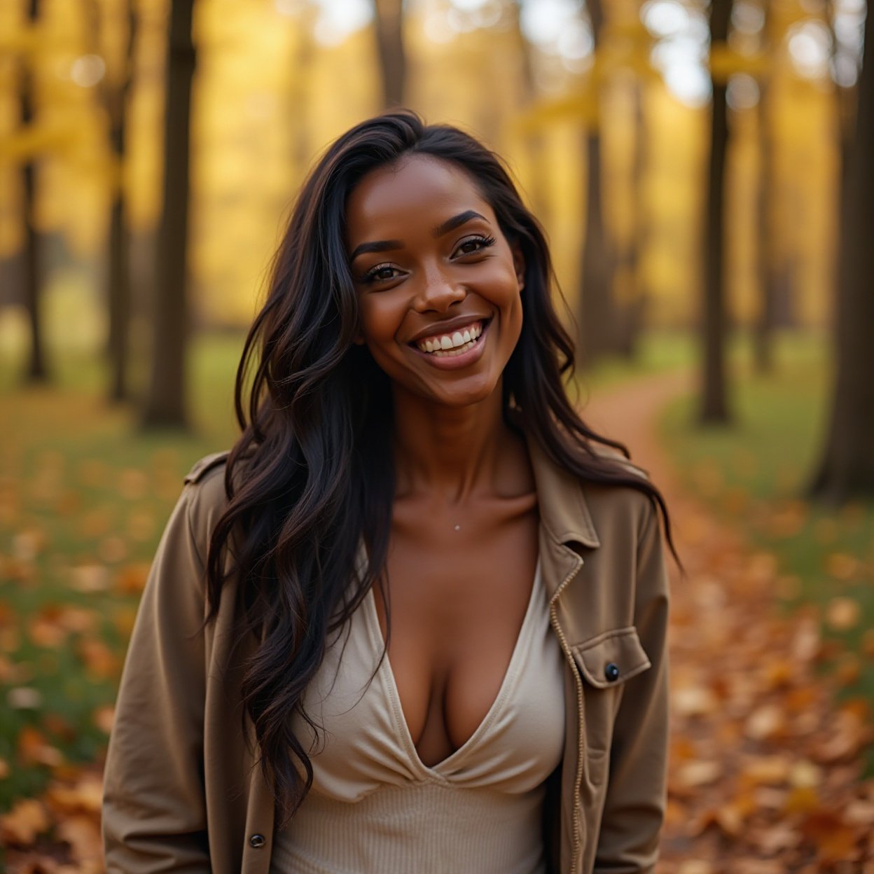 Smiling black woman, long hair, beautiful breasts. Travel lifestyle, relaxation, a relaxing walk in a picturesque autumn forest during a luxury getaway. Smiling black woman, long hair, beautiful breasts. Travel lifestyle, relaxation, a relaxing walk in a picturesque autumn forest during a luxury getaway.