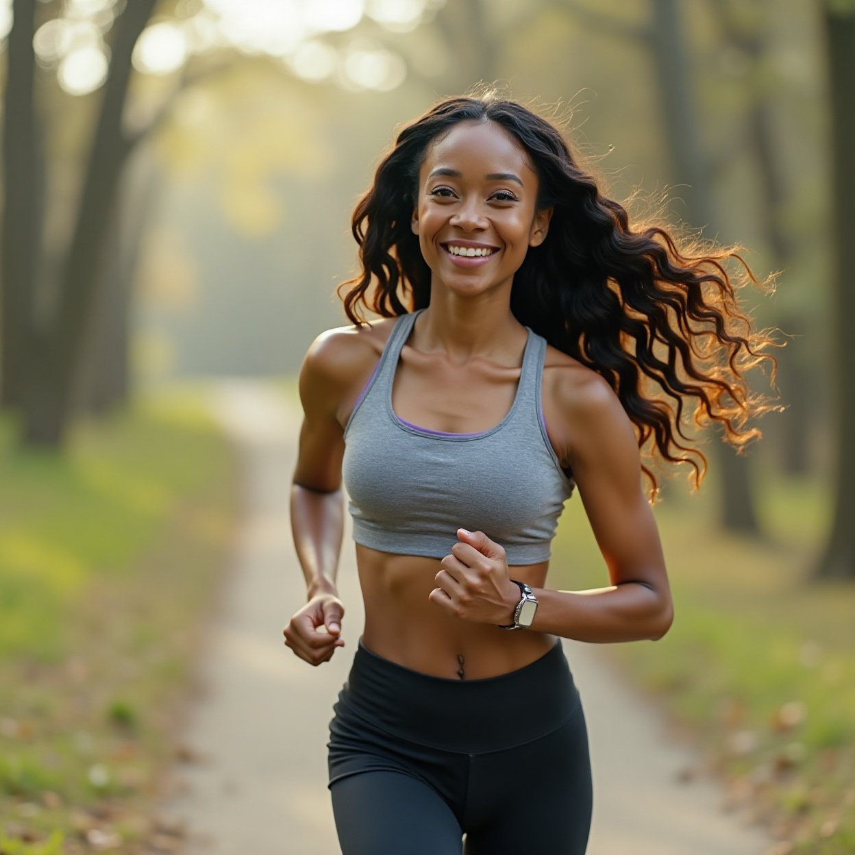 Smiling black woman, long hair, jogging, yoga, outdoor workout and stretching Smiling black woman, long hair, jogging, yoga, outdoor workout and stretching