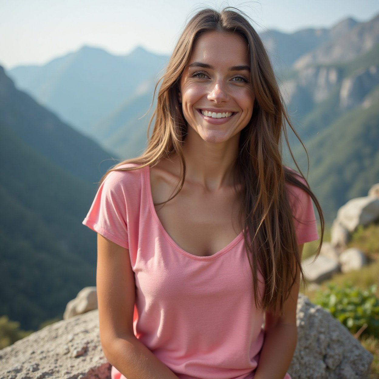 Smiling woman, long hair, beautiful breasts, pink t-shirt, she relaxes on a rock in the mountains Smiling woman, long hair, beautiful breasts, pink t-shirt, she relaxes on a rock in the mountains