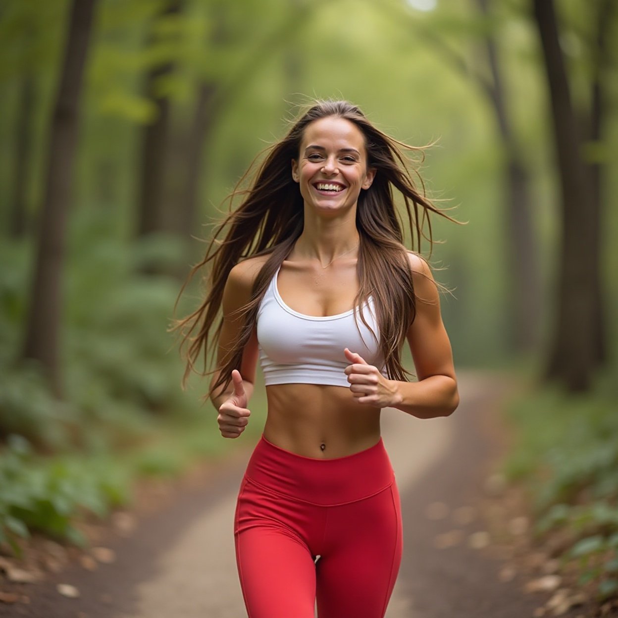 Smiling woman, long hair, beautiful breasts, red and white jogging pants, running in the woods Smiling woman, long hair, beautiful breasts, red and white jogging pants, running in the woods