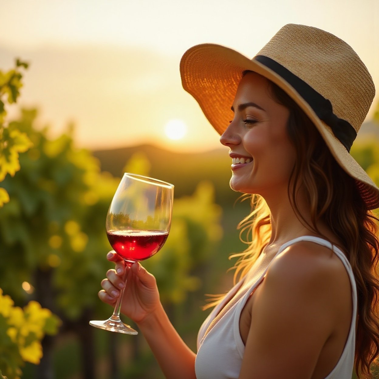 Tasting wine tour in vineyard. Woman with wineglass enjoying summer vacation. Beautiful country winery at sunset, slow living. Traveler in straw hat. Authentic Italian lifestyle in ecological travel Tasting wine tour in vineyard. Woman with wineglass enjoying summer vacation. Beautiful country winery at sunset, slow living. Traveler in straw hat. Authentic Italian lifestyle in ecological travel