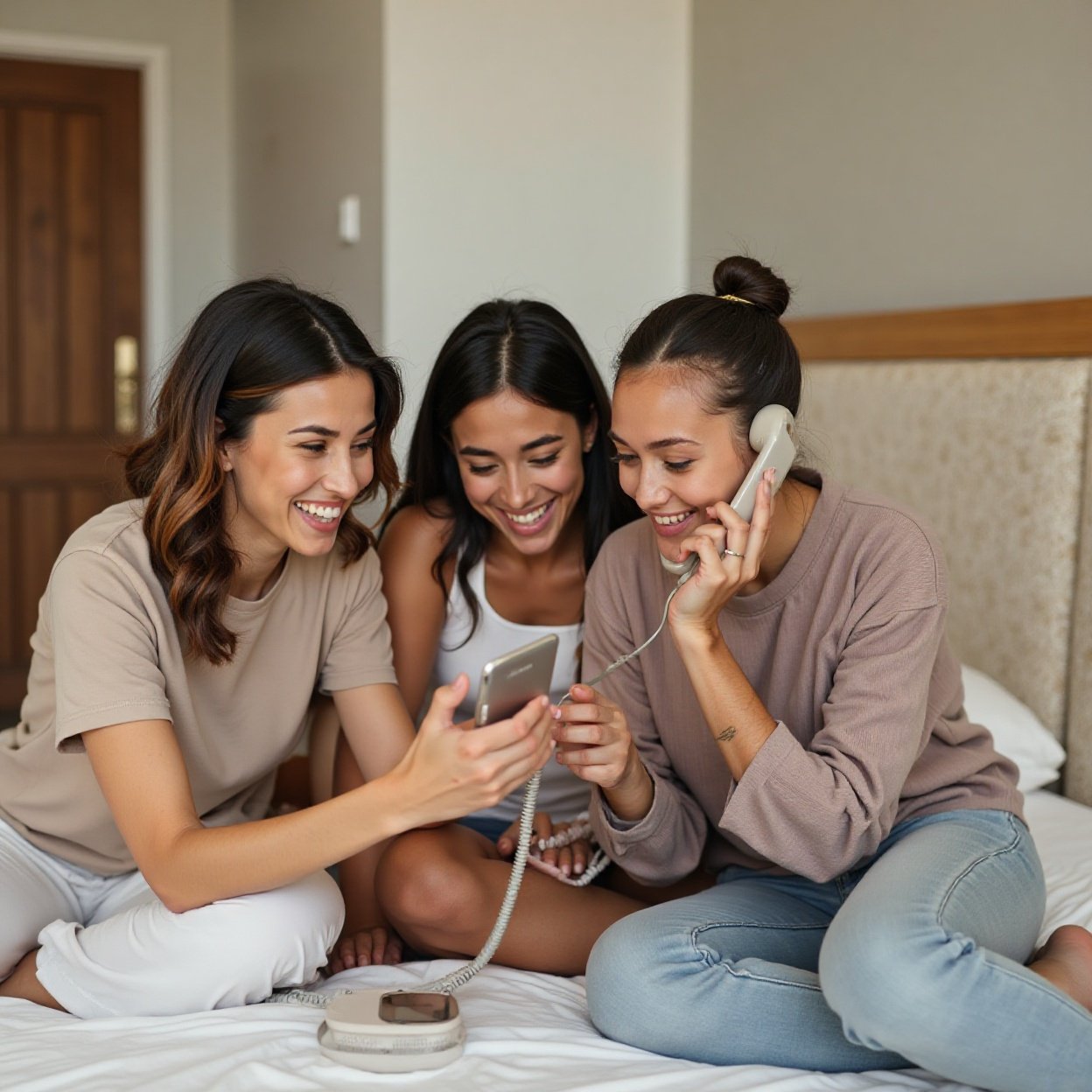 Three beautiful smiling women, a woman from Unecinese, and an Arab woman, sitting on the bed, each looking at their telephon Three beautiful smiling women, a woman from Unecinese, and an Arab woman, sitting on the bed, each looking at their telephone