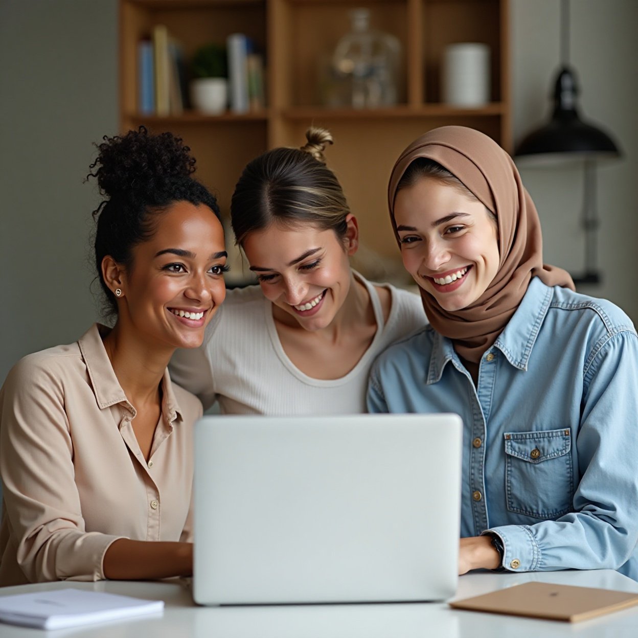 Three beautiful smiling women, a woman from Unecinse, and an Arab woman, looking at a laptop computer placed on a table Three beautiful smiling women, a woman from Unecinse, and an Arab woman, looking at a laptop computer placed on a table