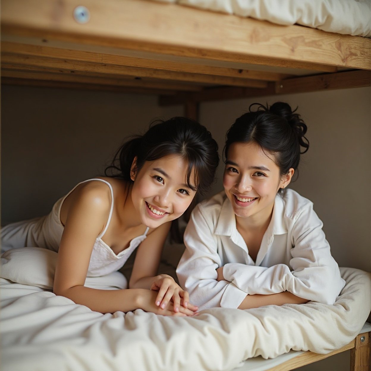 Two beautiful smiling women, one Chinese and one Arab, lying in bunk beds Two beautiful smiling women, one Chinese and one Arab, lying in bunk beds