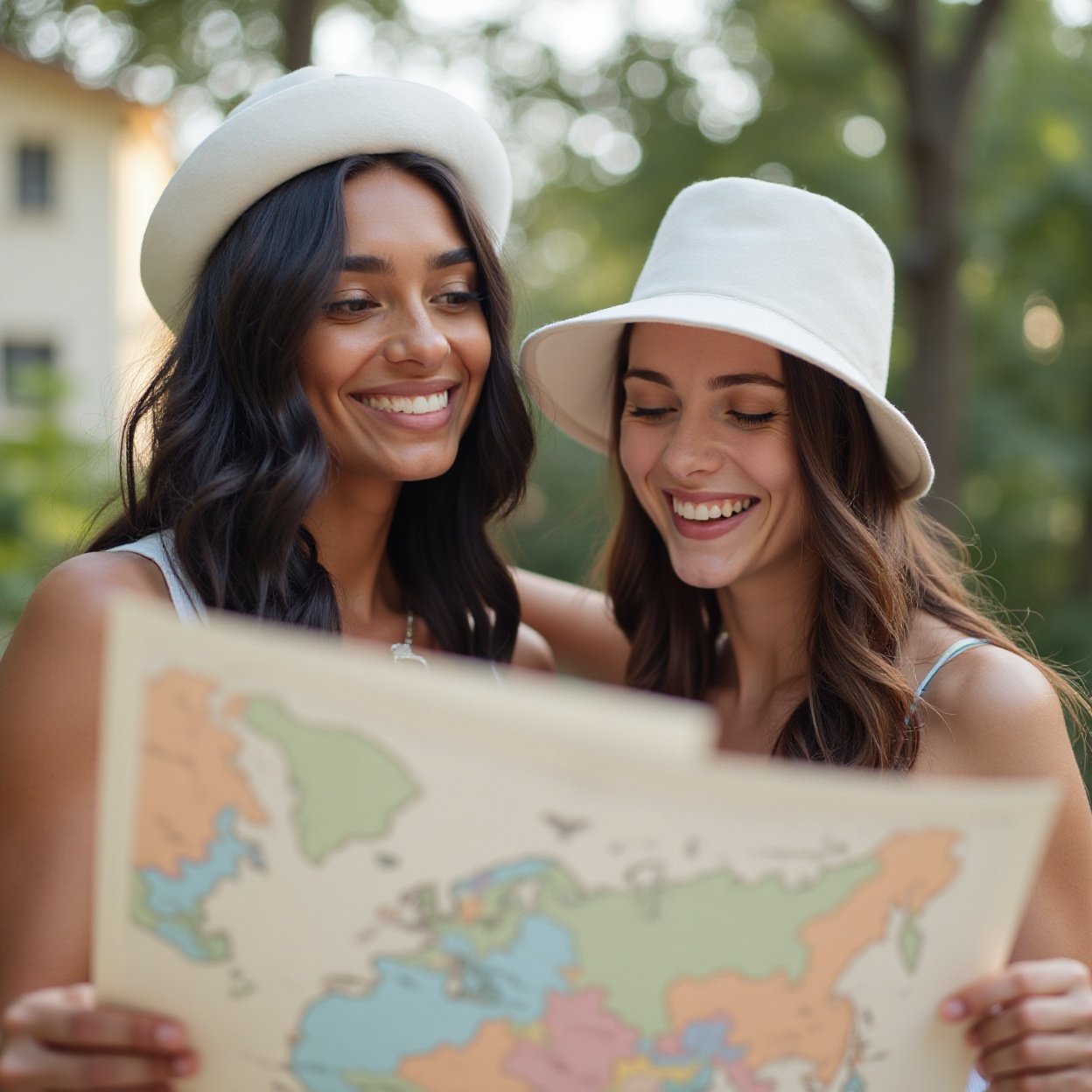 Two beautiful smiling women, one black and one white, with a beautiful chest, wearing white hats, looking at a map Two beautiful smiling women, one black and one white, with a beautiful chest, wearing white hats, looking at a map