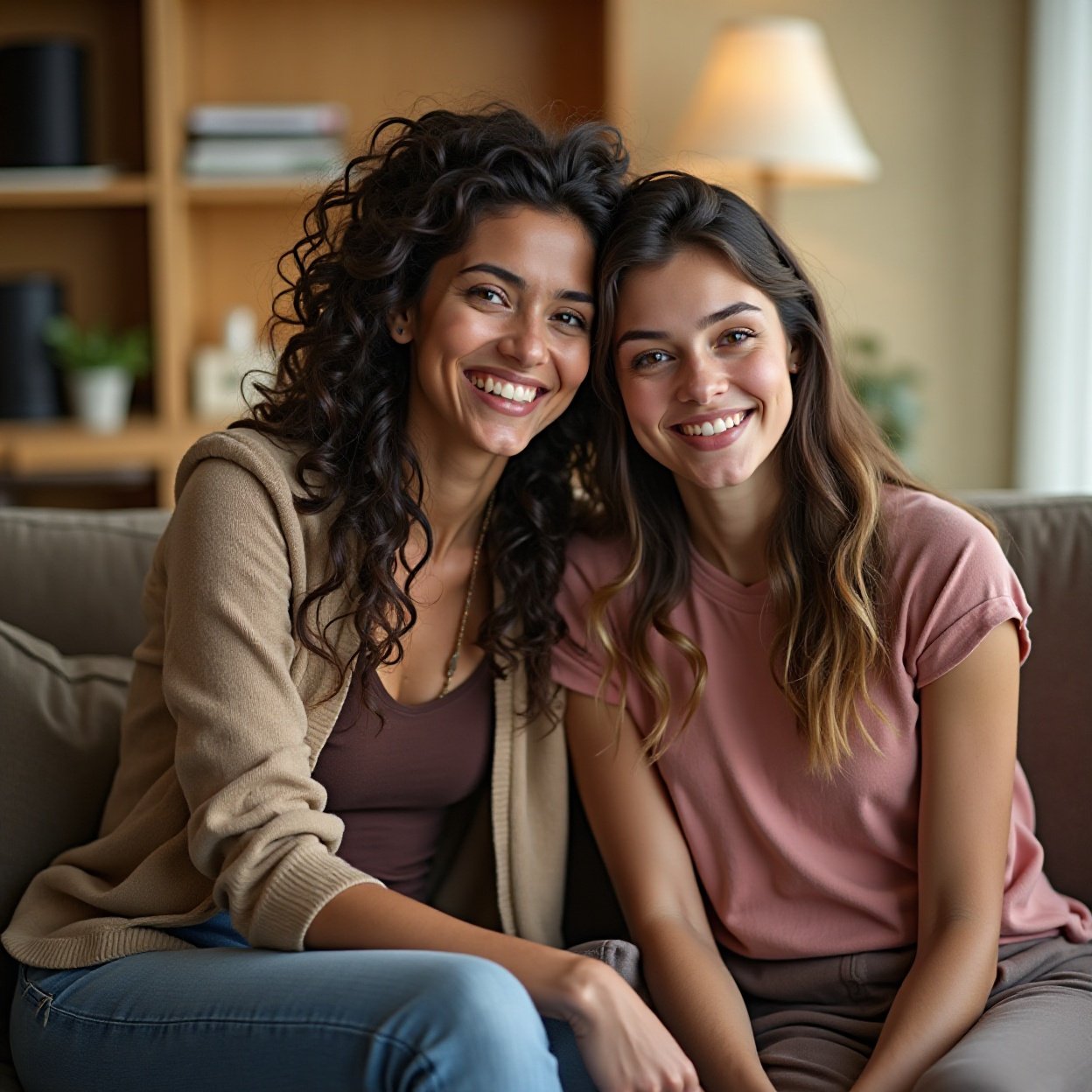 Two beautiful, smiling women, one from Unecinese and the other an Arab woman, sitting on the sofa in the social hotel room Two beautiful, smiling women, one from Unecinese and the other an Arab woman, sitting on the sofa in the social hotel room