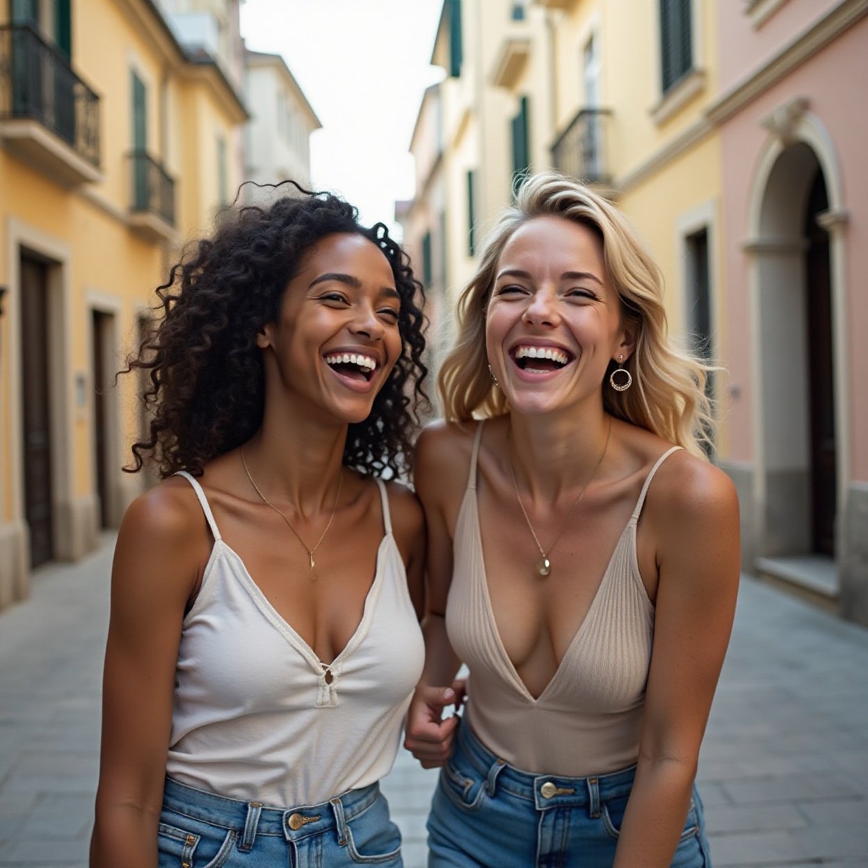 Two smiling young women with different personalities, one black and one white, with beautiful breasts, enjoy a city getaway, strolling through the old town and laughing. Two smiling young women with different personalities, one black and one white, with beautiful breasts, enjoy a city getaway, strolling through the old town and laughing.