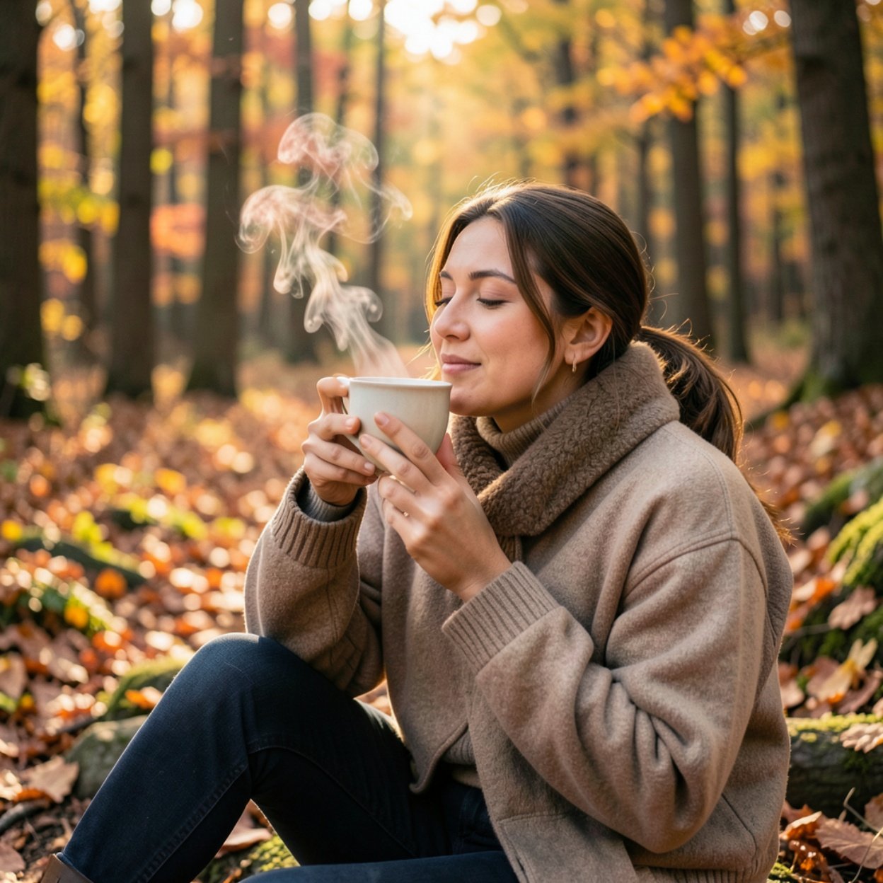 Woman Resting with Hot Drink in Autumn Forest. Peaceful Portrait and Relaxation.