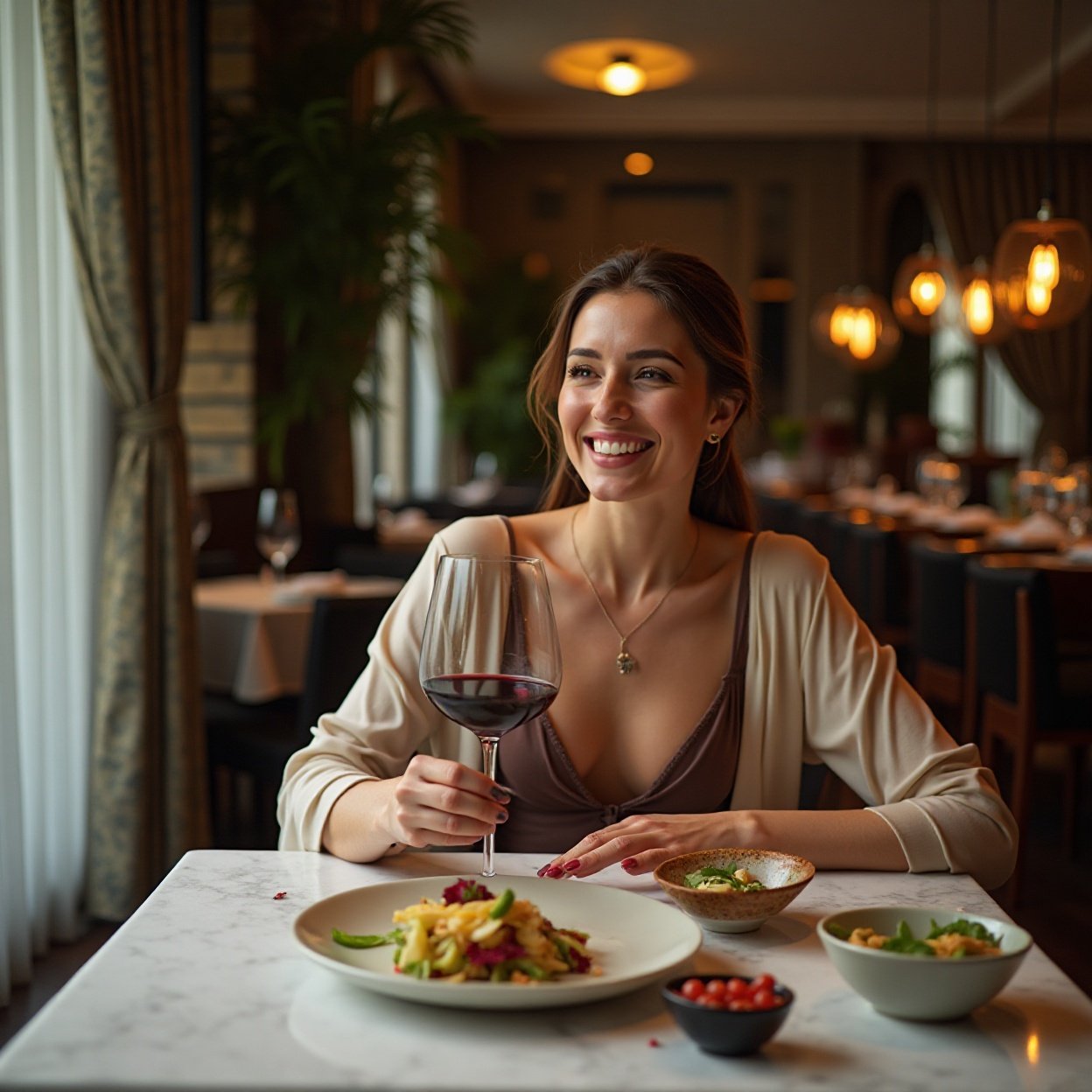 Woman have luxury dinner. Indoors of new modern luxury restaurant Woman have luxury dinner. Indoors of new modern luxury restaurant