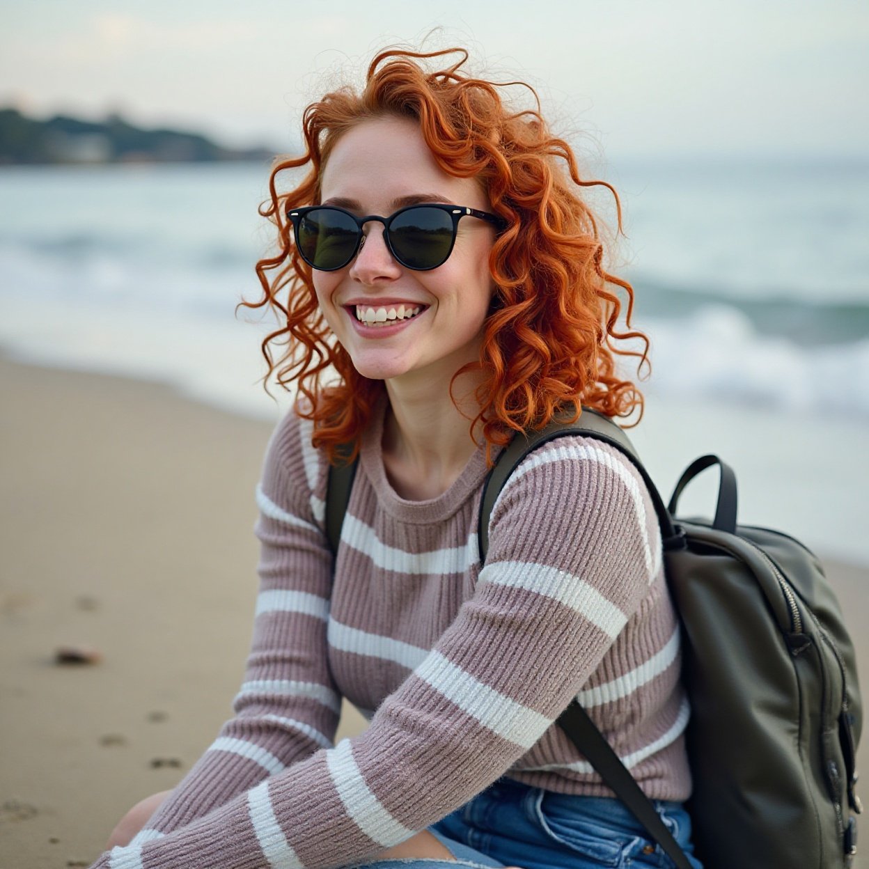 Woman, smiling, curly red hair, beautiful breasts, sunglasses, striped sweater, backpack, sitting on the shoreline Woman, smiling, curly red hair, beautiful breasts, sunglasses, striped sweater, backpack, sitting on the shoreline