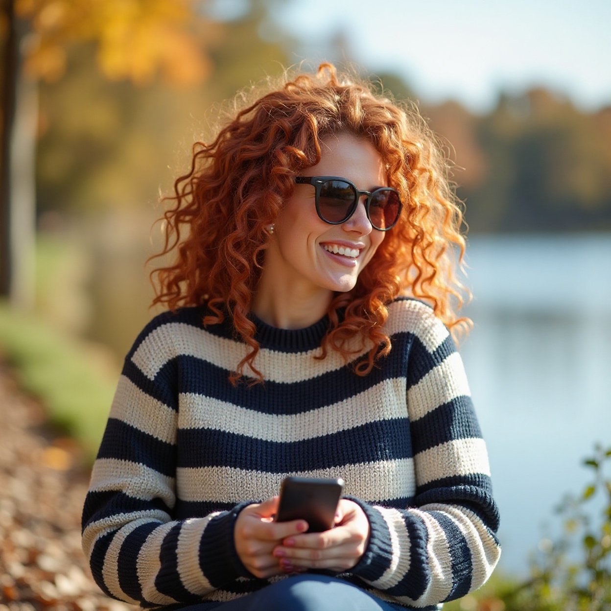 Woman, smiling, curly red hair, beautiful breasts, sunglasses, striped sweater, phone in hand, sitting by the lake in autumn Woman, smiling, curly red hair, beautiful breasts, sunglasses, striped sweater, phone in hand, sitting by the lake in autumn