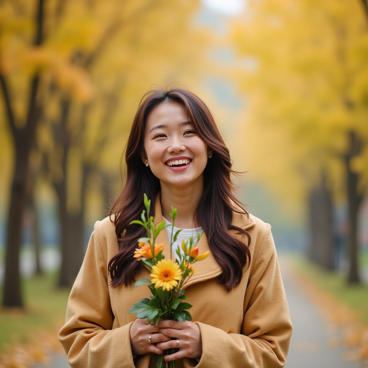 Young adult chinese happy woman enjoying autumn season outdoors on weekend Young adult chinese happy woman enjoying autumn season outdoors on weekend