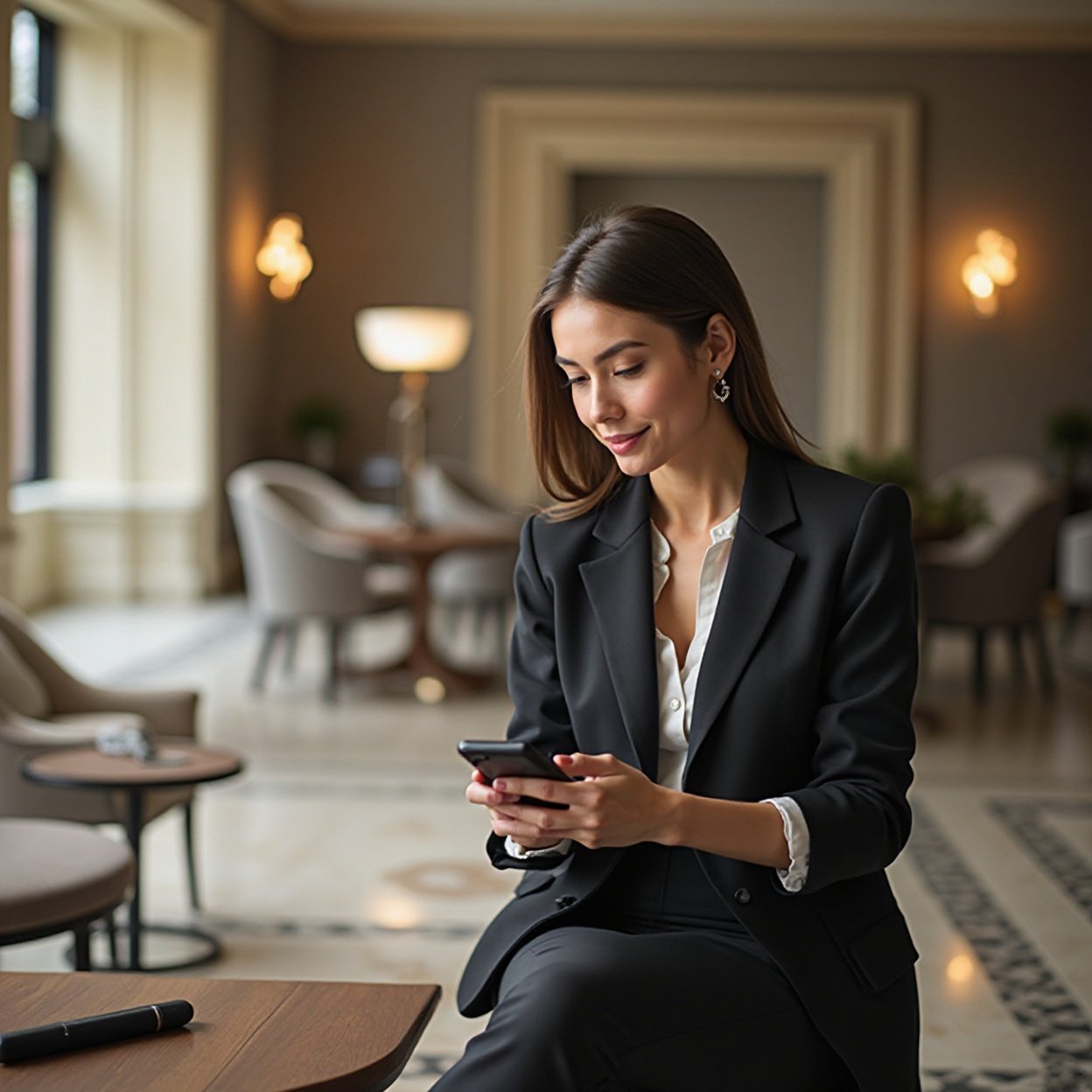 Young businesswoman enjoying a quiet moment in a luxury hotel lobby while making a reservation on her phone Young businesswoman enjoying a quiet moment in a luxury hotel lobby while making a reservation on her phone