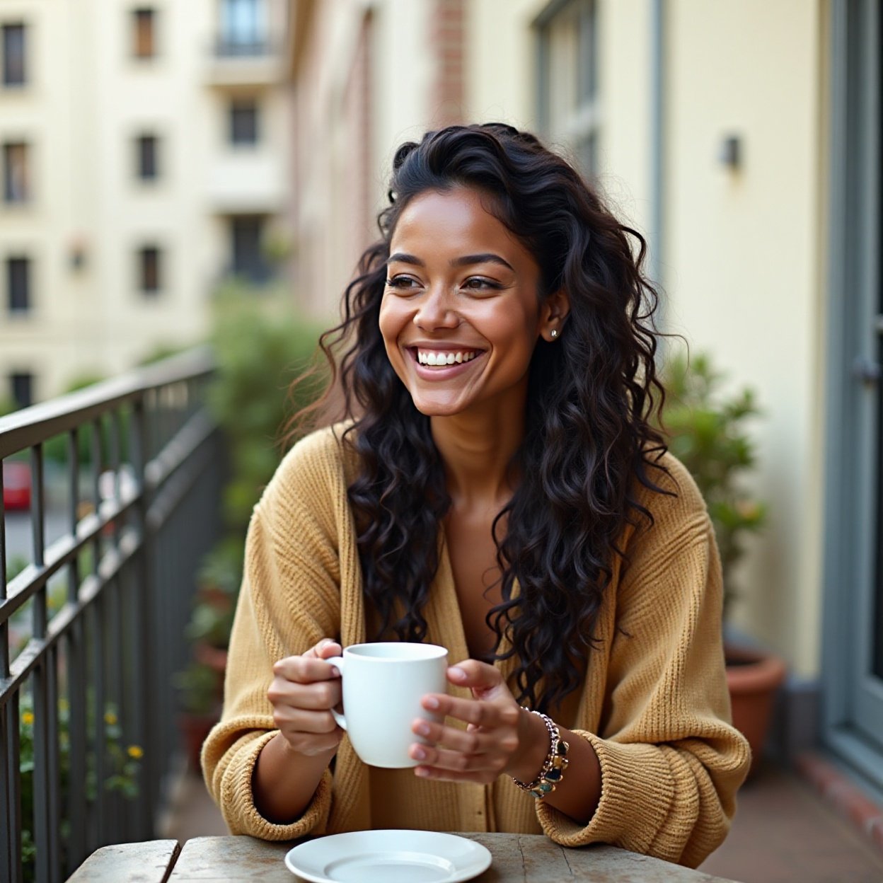 a beautiful black woman with long hair, smiling, drinking coffee on a terrace