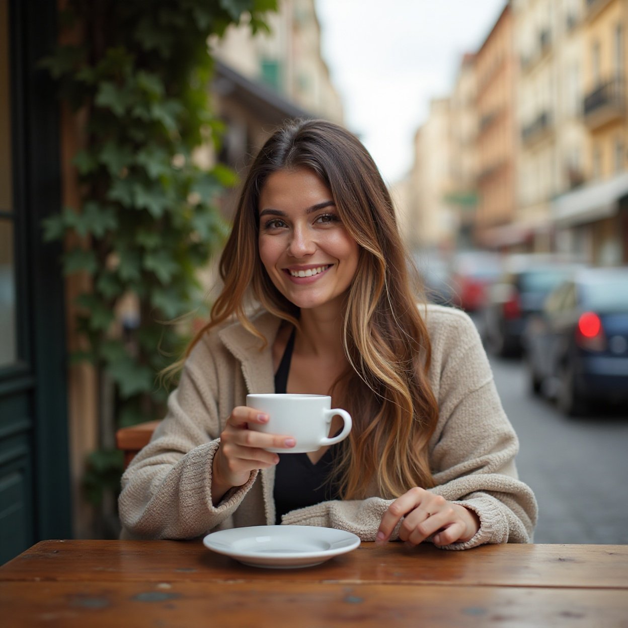 a beautiful, smiling Arab woman with long hair drinking coffee at a table across the street