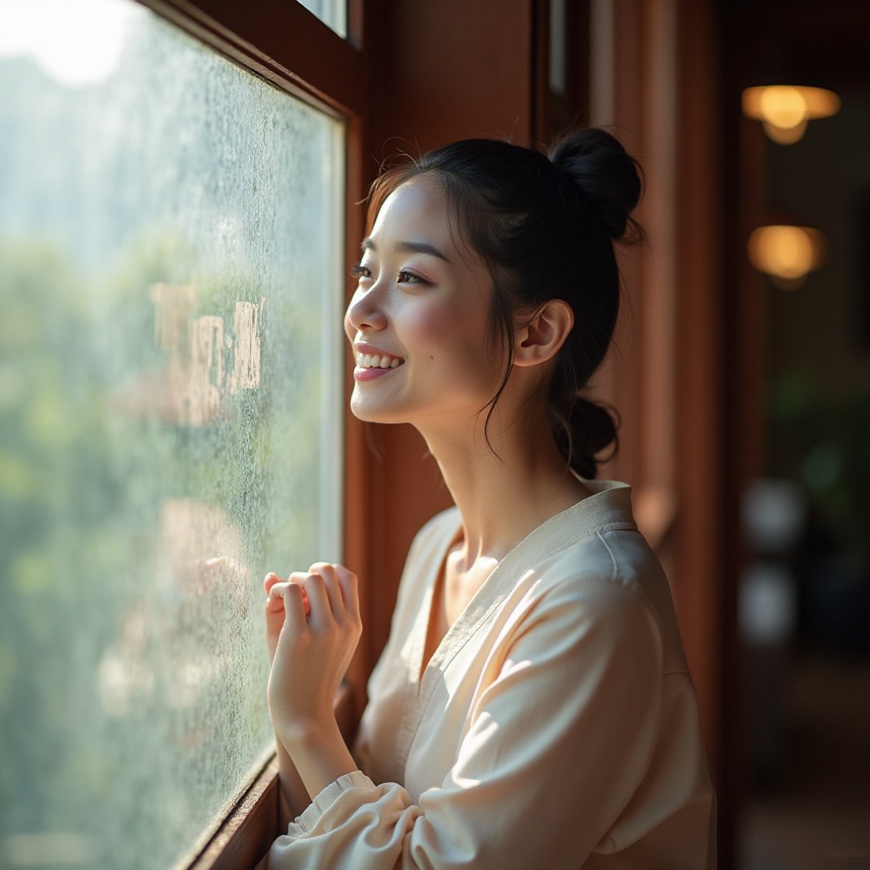a beautiful smiling Chinese woman looking out