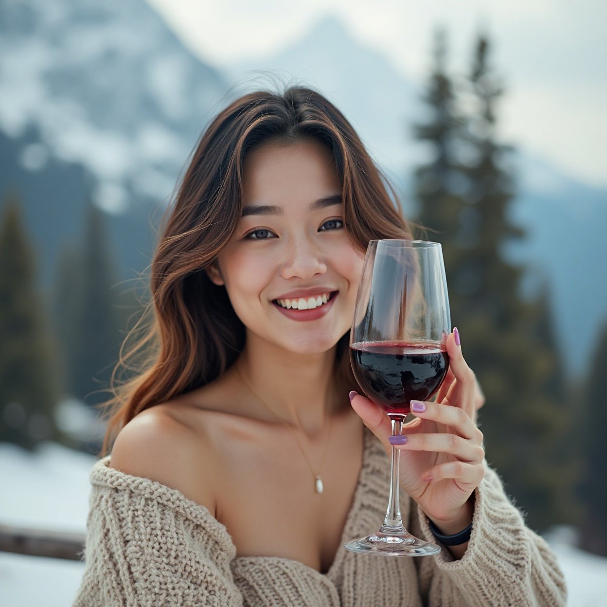 beautiful smiling woman, beautiful chest, Enjoying life and Drinking wine with nature mountain winter view luxurious lifestyle asian women beautiful smiling woman, beautiful chest, Enjoying life and Drinking wine with nature mountain winter view luxurious lifestyle asian women