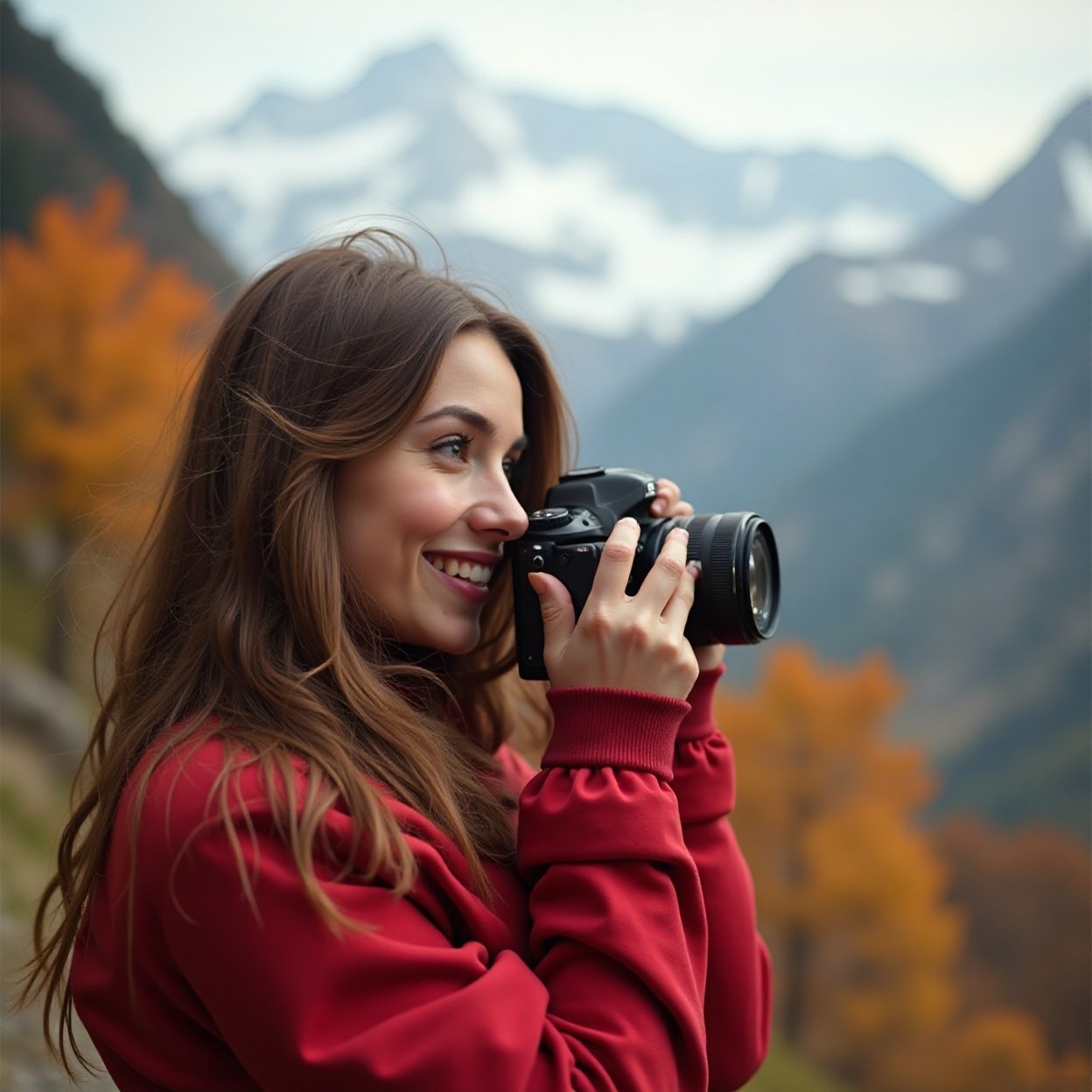 close-up of a beautiful smiling Arab woman, long hair, beautiful breasts, red jacket, taking pictures of the mountain in autumn, with a camera. close-up of a beautiful smiling Arab woman, long hair, beautiful breasts, red jacket, taking pictures of the mountain in autumn, with a camera.