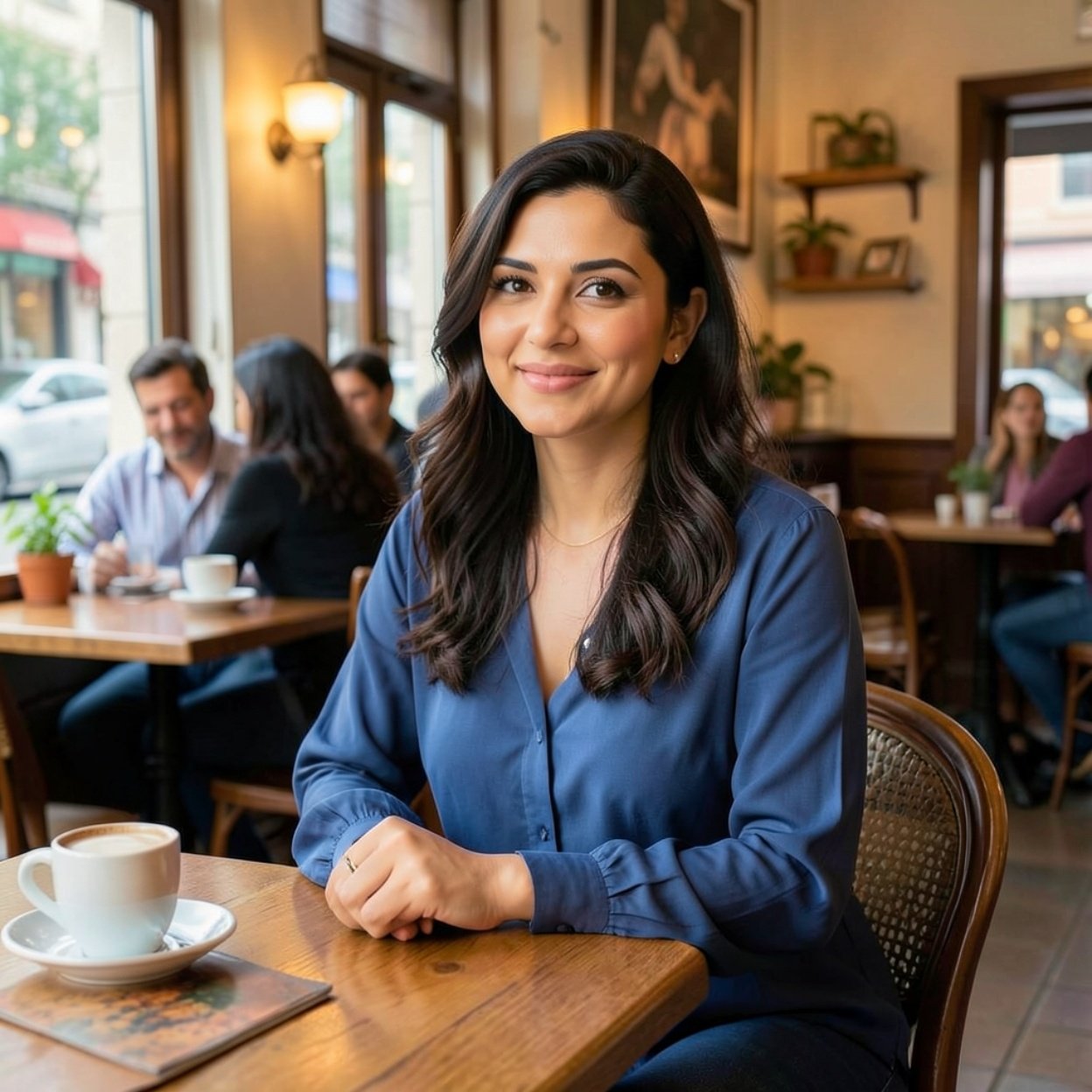 Beautiful Arab woman dressed in blue in a charming cafe Beautiful Arab woman dressed in blue in a charming cafe