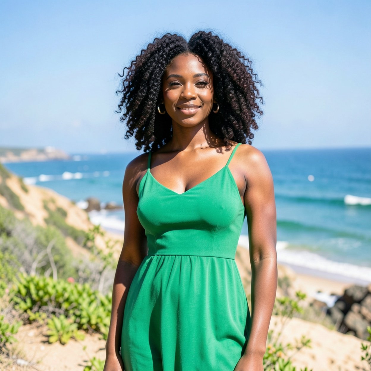 Beautiful black woman with curly hair dressed in green in a summer coastal landscape Beautiful black woman with curly hair dressed in green in a summer coastal landscape