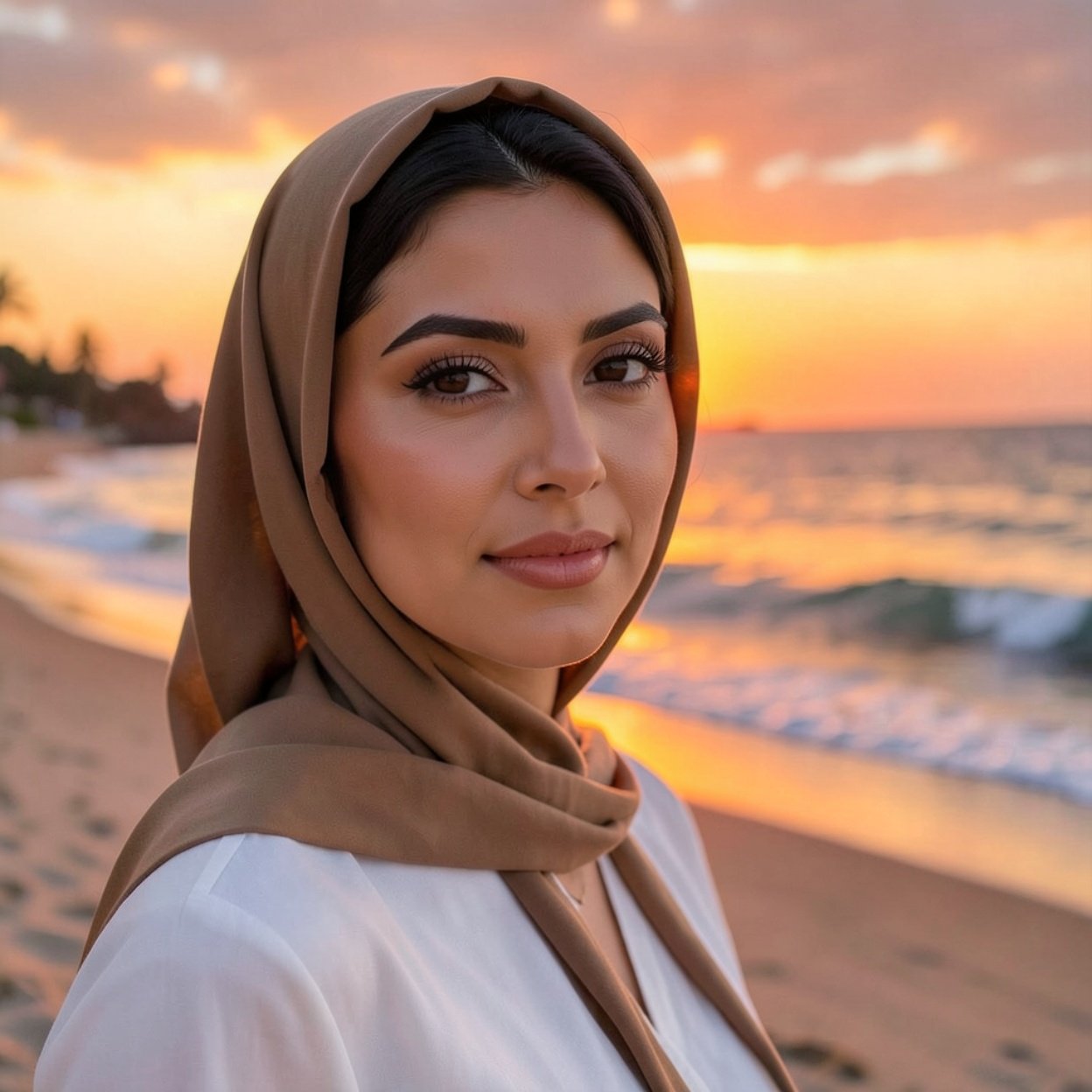 Close-up of a beautiful Arab woman in a sunset landscape on the beach Close-up of a beautiful Arab woman in a sunset landscape on the beach
