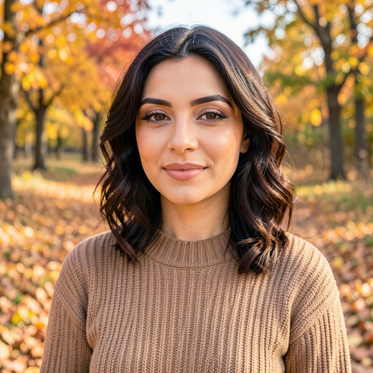 Close-up of a beautiful Arab woman in a sweater in an autumn landscape Close-up of a beautiful Arab woman in a sweater in an autumn landscape