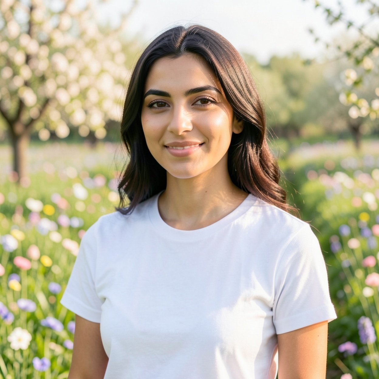 Close-up of a beautiful Arab woman in a white t-shirt in a spring landscape Close-up of a beautiful Arab woman in a white t-shirt in a spring landscape