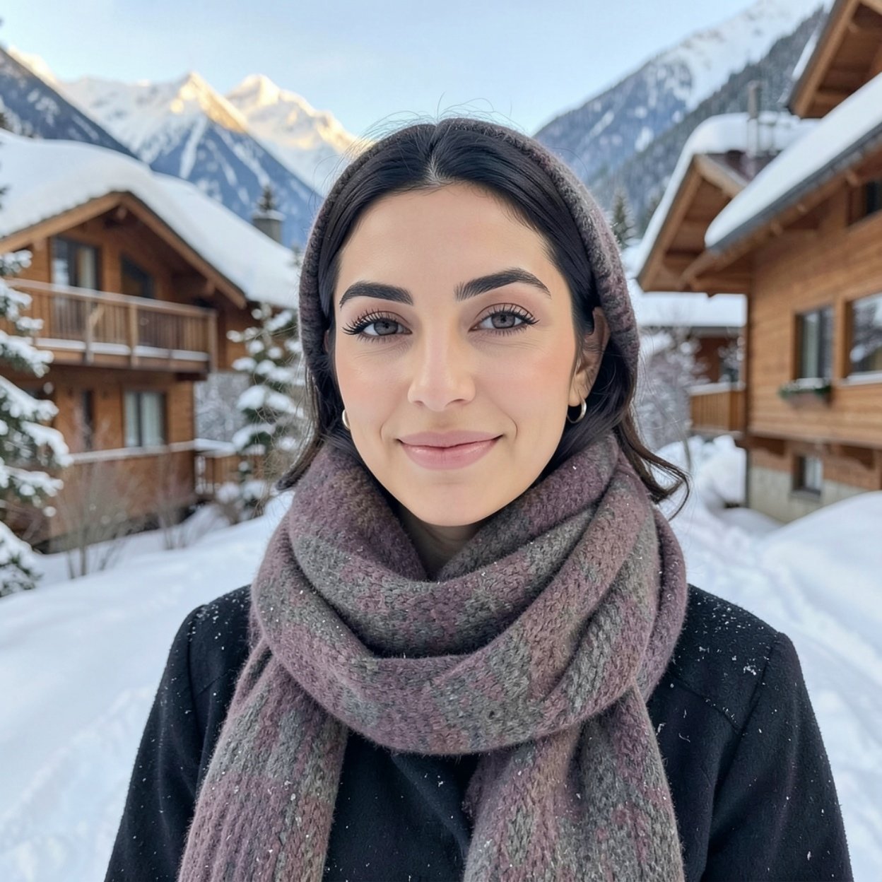 Close-up of a beautiful Arab woman in a winter landscape at a mountain chalet Close-up of a beautiful Arab woman in a winter landscape at a mountain chalet